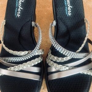 Skechers Women's Black and Pewter Strappy Wedge Sandals